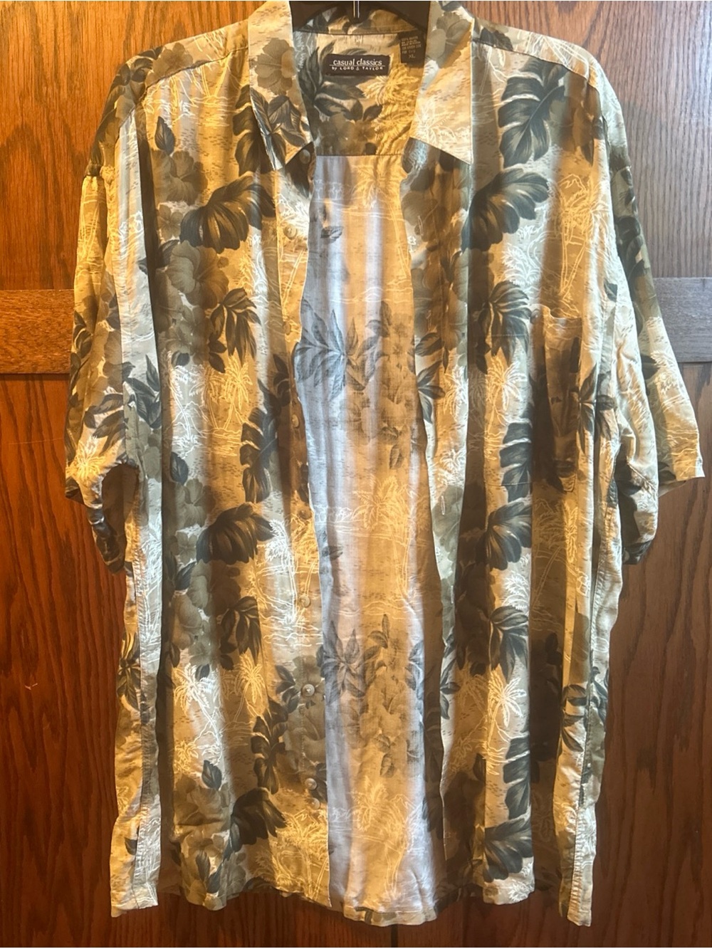 Lord & Taylor Beige and Olive Green Floral Short-Sleeve Button-Down Shirt